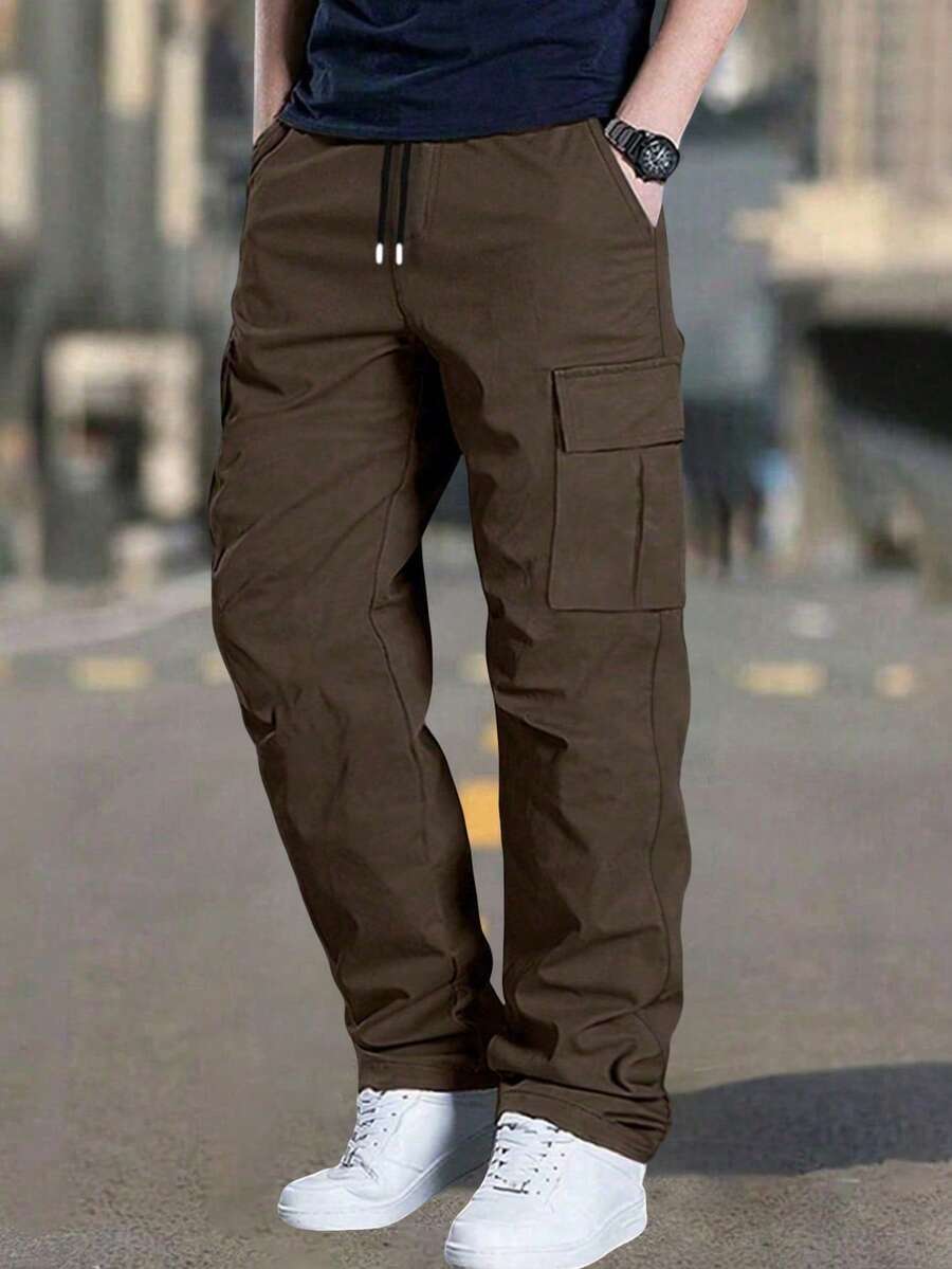 Plus Size Men's Solid Color Cargo Pants, Loose Straight Leg, Multi-Pocket, Outdoor Sports, Commute, Casual, Spring/Autumn - Brown - View 1