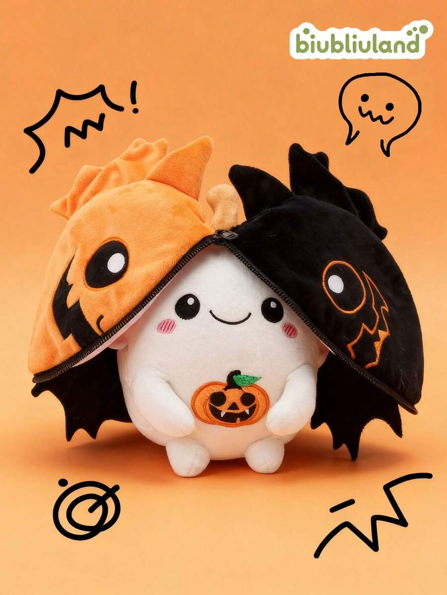 8 Inch Reversible Halloween Pumpkin Ghost Plush Toy, Flip 2-In-1 Double-Sided Bat Stuffed Doll With Zipper, Creepy Cute Split Face Ghost Plushie, Spooky Room Sofa Decor Festival Holiday Gift For Kids & Adults - Multicolor - View 1