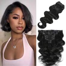 BINF Clip In Hair Extensions Real Human Hair - 8 Inch Glueless Body Wave Hair Extensions Clip Ins 110g Grade 10A Brazilian Remy Hair 8Pcs With 20Clips Bob Hair Thick And Soft Natural Black - Natural Black - View 2