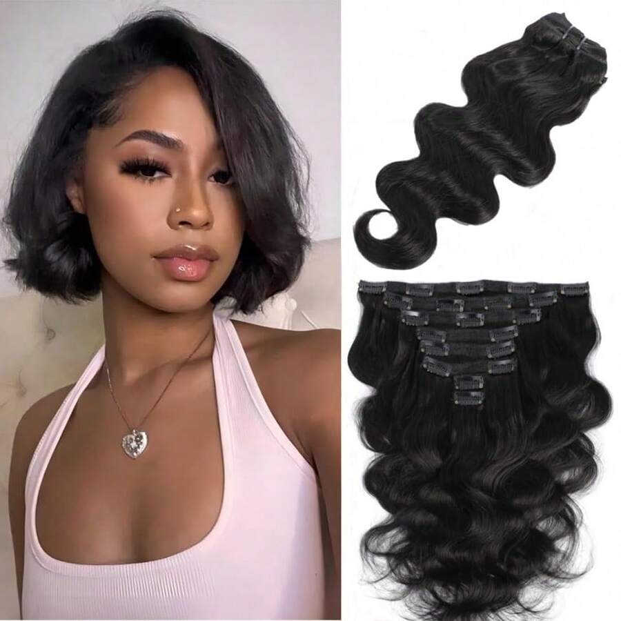 BINF Clip In Hair Extensions Real Human Hair - 8 Inch Glueless Body Wave Hair Extensions Clip Ins 110g Grade 10A Brazilian Remy Hair 8Pcs With 20Clips Bob Hair Thick And Soft Natural Black