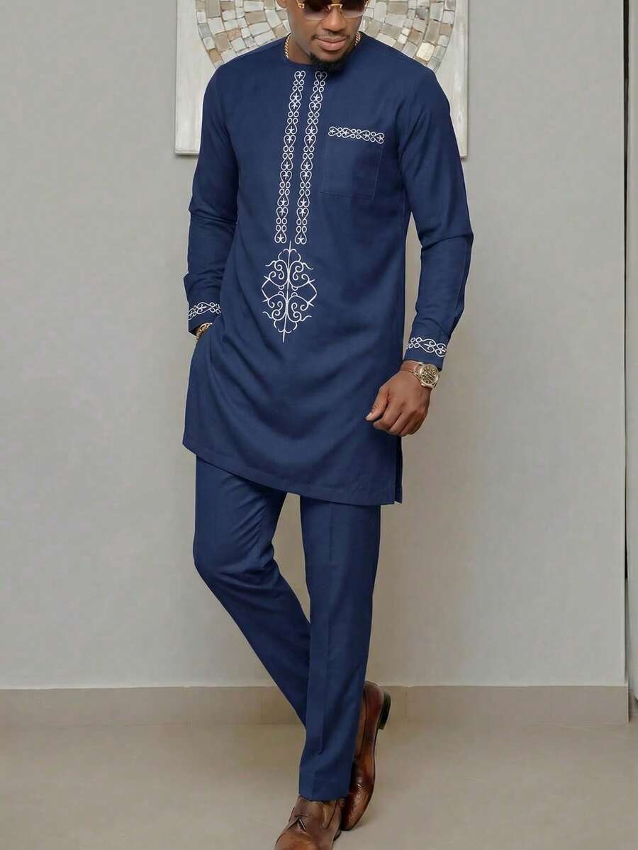 Kaftan Men's Suit Long Sleeve Embroidered 2 Pieces Suit Traditional Men's Clothing African Style Suitable For Party Weddings - Navy Blue - View 1