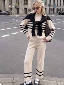 Autumn/Winter Casual Loose Striped Colorblock Knit Sweater & Wide Leg Pants Set - Apricot - View 1