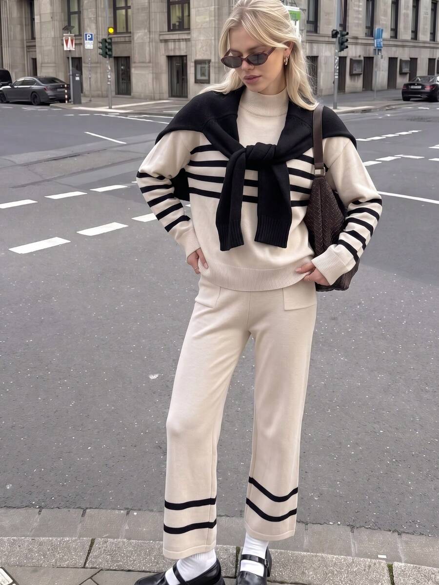 Autumn/Winter Casual Loose Striped Colorblock Knit Sweater & Wide Leg Pants Set - Apricot - View 1