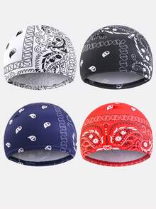 4pcs Men's Elastic Beanie Caps, Cashew Flower Pattern, Hair Protection & Hair Loss Prevention, Suitable For Daily Use - Black/White/Navy/Red - View 3
