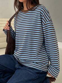 Women Blue Brown Striped Drop Shoulder Long Sleeve Crew Neck T‑Shirt, Casual Basic Loose Tops For Daily Going‑Out Fall Street Vacation Outfits - Blue-brown - View 8