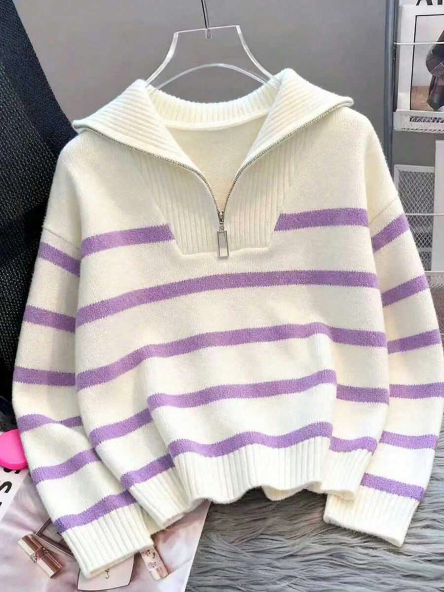 秋冬新款拉链女条纹针织毛衣,时尚简约套头衫,百搭 - 淡紫色 - 查看 1