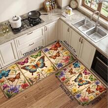 Kitchen Floor Mats With Vibrant Butterflies& Assorted Flowers Pattern, Decorative Kitchen Rugs Kitchen, Entryway, Porch, Bedroom, Living Room, Home Use Vibrant Butterflies And Assorted Flowers In A Tiled Decorative - Multicolor - View 8