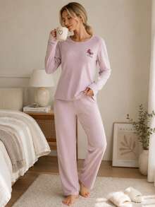 PINK COLOR HEART PATTERNED COTTON FABRIC WOMEN'S PAJAMAS SET - Pink - View 4