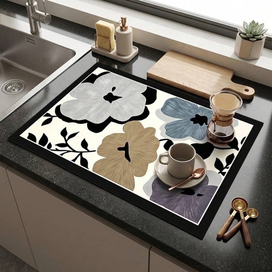 1pc Dish Drying Mat, Coffee Machine Mat, Luxury Artistic Floral Dish Drying Mat, Absorbent Quick-Drying Stain-Resistant Easy-To-Clean Kitchen Countertop Protector, Dining Table Heat-Insulating Mat, Multi-Purpose Tabletop Absorbent Drying Mat For Holiday Home Use, Room Desk Protector, Holiday Gift, Kitchen Decor
