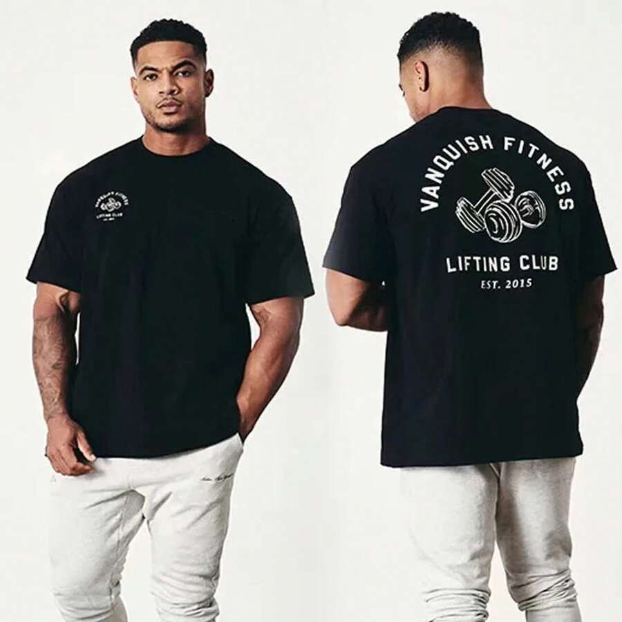 Oversized Cotton Sports And Fitness T-Shirt For Men, Luxury Brand, Retro Style, Loose Fit, Short Sleeves, For Summer. - Black - View 1