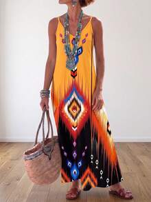 Jisfaneya Vestido de Verano Versátil para Vacaciones, Hombros Descubiertos, Estampado Completo, Sin Bolsillos, Estilo Boho-Chic - Amarillo - Ver 1