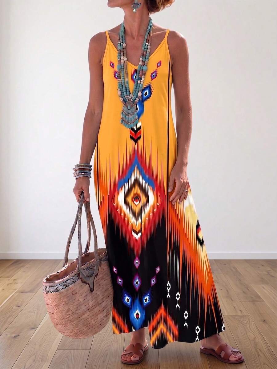 Jisfaneya Vestido de Verano Versátil para Vacaciones, Hombros Descubiertos, Estampado Completo, Sin Bolsillos, Estilo Boho-Chic - Amarillo - Ver 1