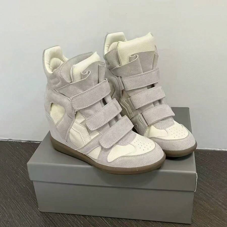 女款小眾復古厚底隱增高魔鬼氈休閒鞋 嘻哈高筒靴 超酷百搭增高歐美街頭風厚底短靴 配色休閒運動鞋 - 米灰色 - 查看 1