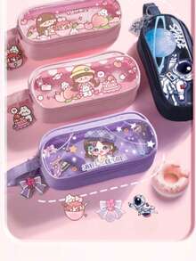 1pc Cute Cartoon Large Capacity Fabric Pencil Case, Multi-Layer Transparent Window Storage Bag With Pendant, Portable Handheld Zipper Stationery Organizer - Pencil Case - View 9