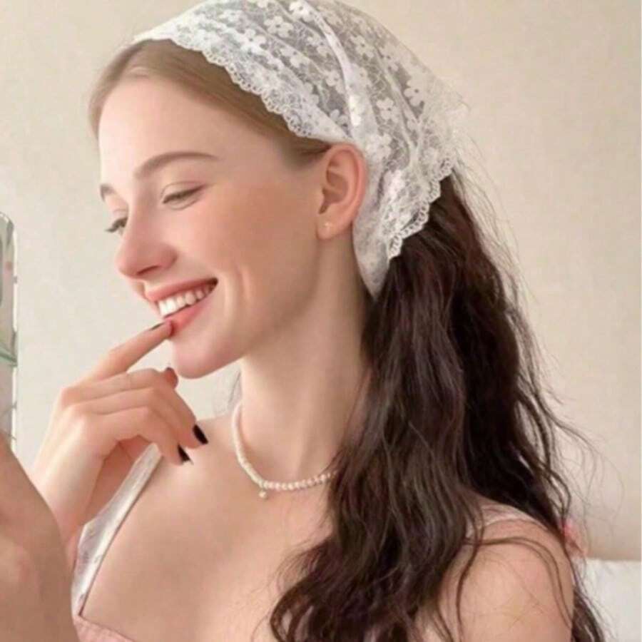 1件時尚波希米亞風花卉刺繡大尺寸蕾絲三角巾頭巾女款配件 - 白色 - 查看 1