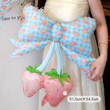 2pcs 20 Inch Fruit Print Bow Backpack Foil Balloons, Strawberry & Watermelon Design, Aesthetic Birthday Photo Props, Summer Party Decoration - View 6