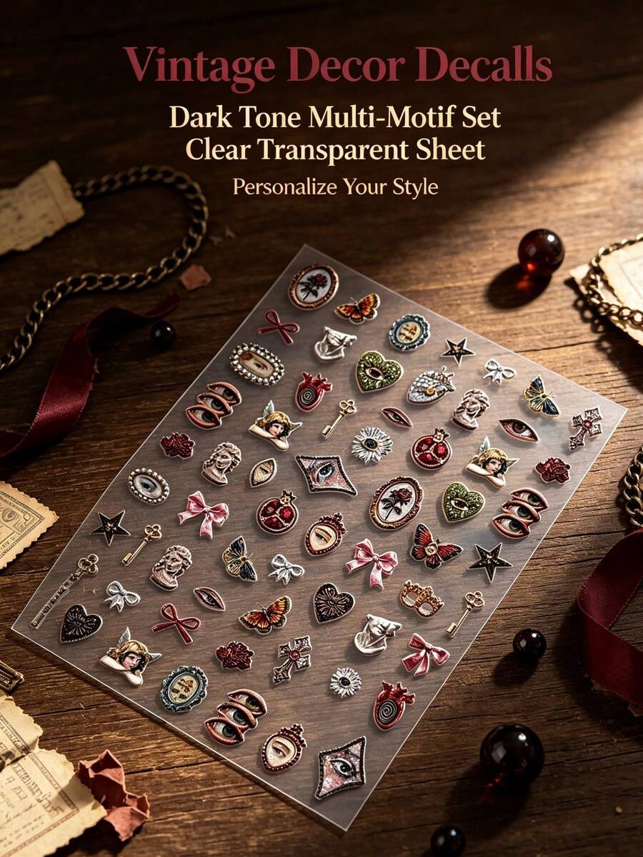 1 Set Vintage Gothic Halloween Transparent Stickers, Dark Baroque Rose Heart Eye Pattern Decals, Suitable For Phone Case, Lighter, Earphone, Scrapbook Decoration