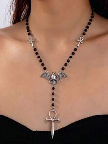 1pc Fashionable Personalized Metal Resin Bat Cross Pendant Necklace For Women, Party Gathering Halloween Jewelry - Black - View 10