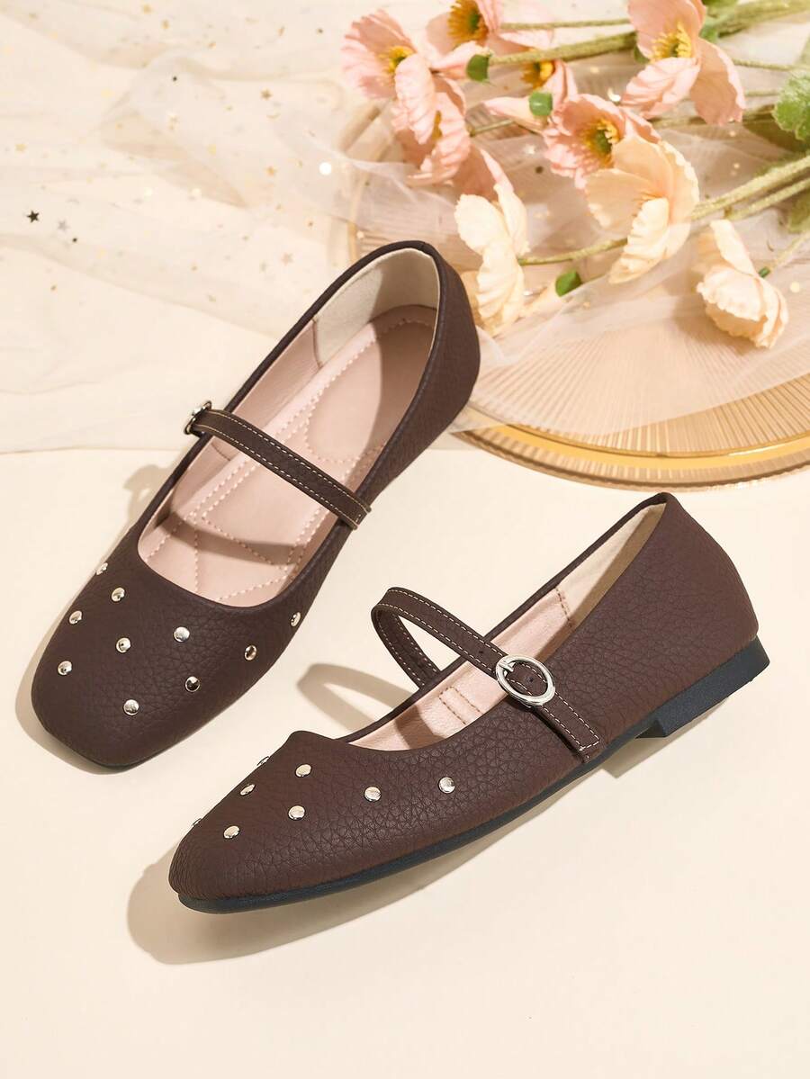HFSHUNXY Flatjoy 2026 Y2K Style Autumn/Winter Women's New Brown Mary Jane Flats, Commuter Versatile, Elegant Fashion, Single Strap Buckle, Rivet Stud Design, Suitable For Punk, Biker, Cool Girls, Halloween, Christmas And Party Outfits - Brown - View 1