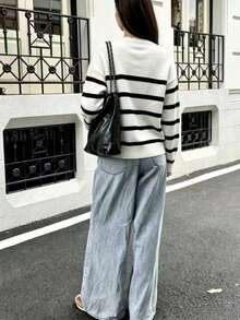 Autumn/Winter New Button-Up Striped Cardigan For Women, Fashionable High-End Minimalist Casual Versatile Loose Fit Elegant Long Sleeve V-Neck Sweater - White - View 2