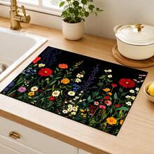 1pc Black Background Colorful Wildflower Print Diatomaceous Earth Kitchen Drain Mat, Absorbent Quick-Drying Non-Slip Coffee Machine Mat, Suitable For Kitchen Countertop, Dining Table And Coffee Corner Decoration - Multicolor - View 5