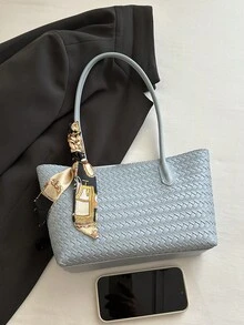 女款時尚百搭單肩通勤托特包，春夏新款大容量編織購物包，適合學生與上班族，附精緻絲巾 - 藍色 - 查看 9