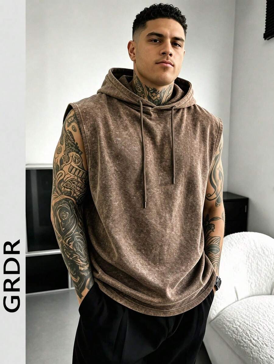 GRDR 夏季男士復古極簡純色水洗做舊連帽背心,街頭休閒時尚寬鬆百搭 - 棕色 - 查看 1