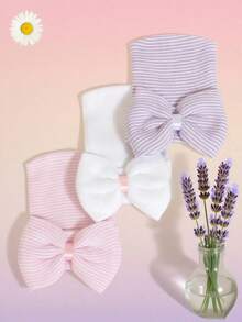 YIYIQCSJ 3pcs Baby Newborn Hat Set Striped Pattern Bow Decor Cute Beanie Soft Suitable For Baby Girls Boys 0-3 Months - Multicolor - View 6