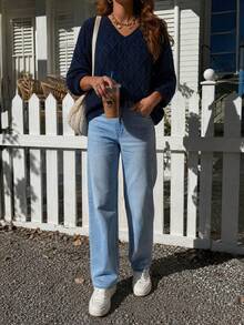 Sweater Rajut Pendek Longgar Leher V Warna Biru Tua Ukuran Plus untuk Wanita dengan Pola Tekstur Kabel Berlian, Lengan 3/4, Pakaian Musim Gugur Wanita - Royal Blue - View 4