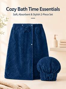 2pcs/Set Extra Large Bath Robe + Adjustable Princess Shower Cap, Size 80*210cm/80*160cm, 350g/Sqm, Quick Drying, Suitable For M-XXXXL, Thick Bathrobe For Home, Hotel, Bathroom, Travel, Sauna, Spa, Party, Swimming Pool, Picnic, All Season, Bathroom Decor - 彩色 - 查看 2