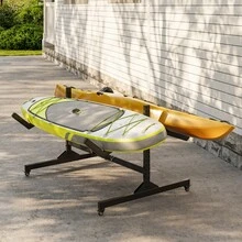 Kayak Storage Rack for 2 Kayaks Freestanding Kayak Rack for Outdoor Storage with Movable Wheels, Heavy-Duty Steel Kayak Hanger Holder with with Hanging Straps,, Wide Adjustable - B - Ver 6