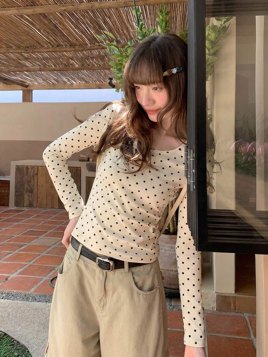 Spring/Autumn Casual Polka Dot Round Neck Long Sleeve T-Shirt - Apricot - View 1
