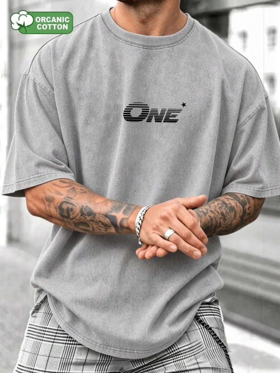 1-Pack Men's T-Shirt, 100% Cotton, Washed, With Fine Print, Ideal For Summer Leisure Activities - Light Grey - View 1