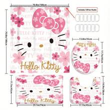 SANRIO 4件組 Hello Kitty 浴室浴簾套組含地墊，可愛貓咪浴室浴簾套組含地墊、馬桶蓋套與浴室地墊，現代浴室裝飾含地墊與12個塑膠掛鉤 - 4-piece shower curtain set - 查看 7