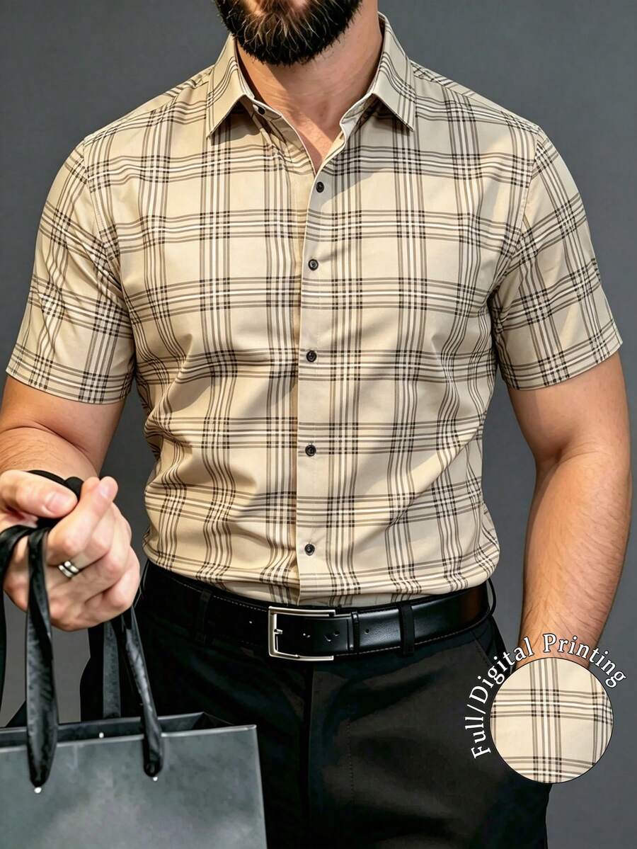 British Style Khaki Plaid Short Sleeve Shirt, Men's Slim Fit Office Casual Top - Khaki - View 1
