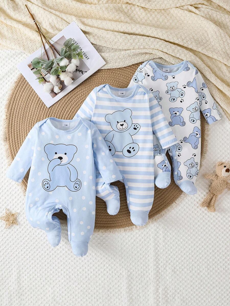 3 bộ jumpsuit liền chân cho bé trai họa tiết gấu sọc dễ thương - Màu xanh nhạt - Xem 1