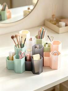 1pc 3 Grid Spliced Hexagonal Pen Holder, Multi-Compartment Makeup Brush Organizer, Desktop Storage Caddy For Office School Vanity Table Pencil Case Storage Organizer School - Multicolor - View 3