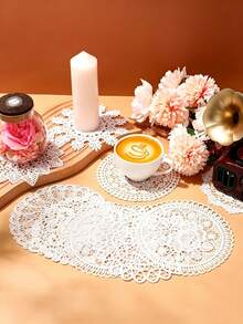 4 Pcs White Hand-Hooked Embroidery Cup Mats – Circular, Open-Work Lace Designs; Suitable As Coffee Cup Mats, Lace Table Runners, Vase Pads, And For Decorating Tables At Weddings, Birthdays, Parties, As Well As For Home And Kitchen Use Or As Gifts. - Multicolor - View 7