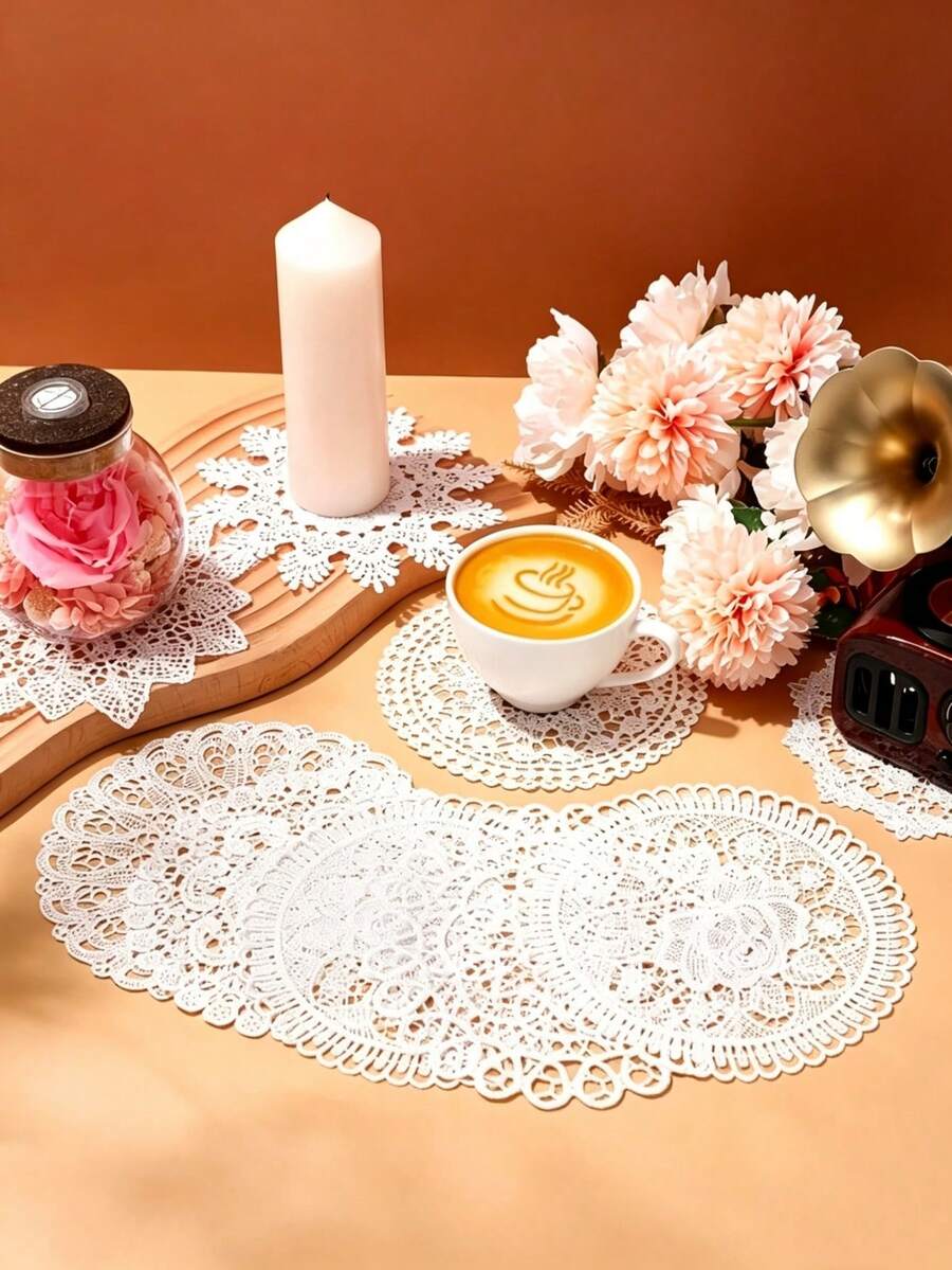 4件裝白色手工鉤編刺繡杯墊,圓形鏤空蕾絲設計,適用於咖啡杯墊、蕾絲桌旗、花瓶墊,適合婚禮、生日、派對桌面裝飾,居家廚房使用或作為禮物 - 彩色 - 查看 1