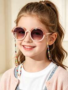1 Set 1pc Kids 5-9 Years Old Glitter Round Frame Fashion Glasses, Lightweight PC Frame Gradient Lenses, Comes With 1 Cute Glasses Chain, Suitable For Beach Party, With Glasses Case - Multicolor - View 2