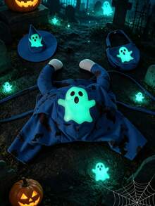 1 Set Blue Polyester Printed Pet Clothing With Glowing Ghost Pattern, Including Dog Outfit And Dog Hat. Happy Puppy Cat Dog Clothes, Halloween Limited Edition Glowing Costume, Suitable For Small To Large Dogs. - Blue - View 6