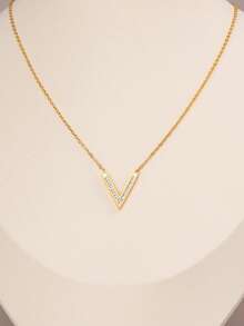 1pc Simple & Versatile Stainless Steel V Shape Necklace For Women, With English Letter Pendant, Clavicle Chain, Suitable For Daily Wear - Yellow Gold - View 3