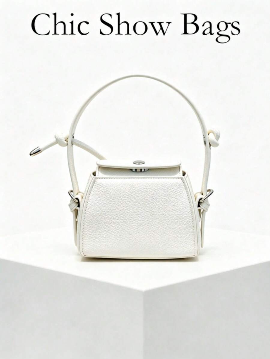 Women's Mini Crossbody Bag, Square Box Handbag, Solid Color Lychee Texture, Knotted Shoulder Strap With Magnetic Closure, Minimalist Daily Street Style For Spring/Summer - White - View 1