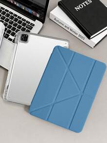 1件透明壓克力 Y-Fold 海軍藍平板保護殼，相容 iPad Mini6/7/Air/Air2/9.7/10.2/10.5/10.9 (Air4-Air8)/Pro 11/10th Gen/A16/Pro 11 2024，全透明壓克力背殼，絲綢紋理 8-Fold 翻蓋，可調支架，自動休眠/喚醒，內建筆槽，不含筆，部分機型附相機框 - 海藍色 - 查看 3