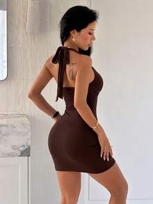 Women's Sleeveless Halter Deep V-Neck Fitted Mini Dress, Metal U-Shaped Decor Ruched Bodycon Dress For Nightclub, Date, Dinner, Party Elegant Summer - Brown - View 11
