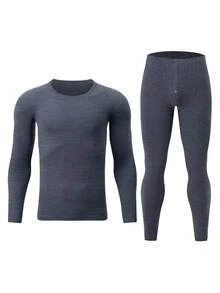2pcs/Set Pakaian Dalam Termal Pria, Kaos Lengan Panjang + Celana, Lapisan Dasar Kasual Hangat Musim Gugur/Dingin Atasan dan Bawahan - Navy Blue - View 2