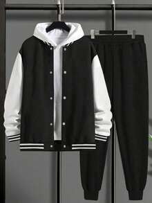 2pcs/Set Boys' Casual Outdoor Colorblock Commuter Comfortable Jacket And Sweatpants - Black - View 3
