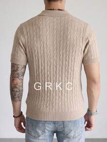 GRKC Men's Polo Shirt, Collared Short Sleeve Knitted Slim Fit Straight Leg Casual Style Solid Color Knit T-Shirt, Spring/Summer - Khaki - View 4