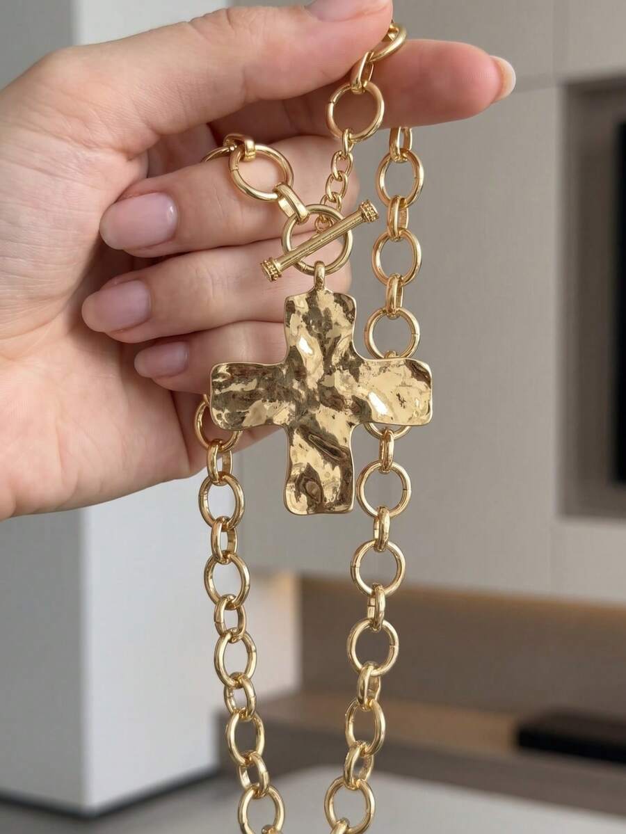 1Pc Hip Hop Cross Pendant Necklace For Women Suitable For Daily Wear Party And Halloween Perfect Jewelry Gift For Friends. - Gold - View 1