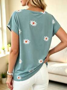 Women's Floral Daisy Print Short Sleeve Crew Neck Basic Top, Suitable For Daily Outings Shirt-Style Long Top - Mint Green - View 4
